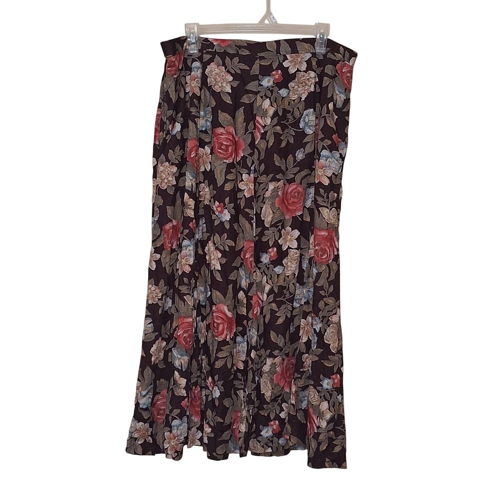 Koret Vintage Floral Maxi Skirt Burgundy Red Blue Pockets Elastic Waist Sz XL